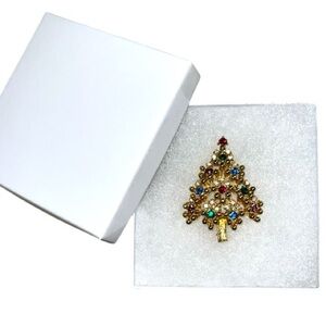 Festive Gold Christmas Tree Brooch with colorful rhinestones
